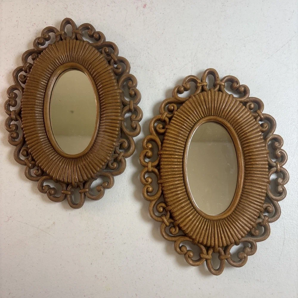 VINTAGE PR HOMCO BROWN RATTAN WICKER SMALL ACCENT MIRRORS 2615 9.5